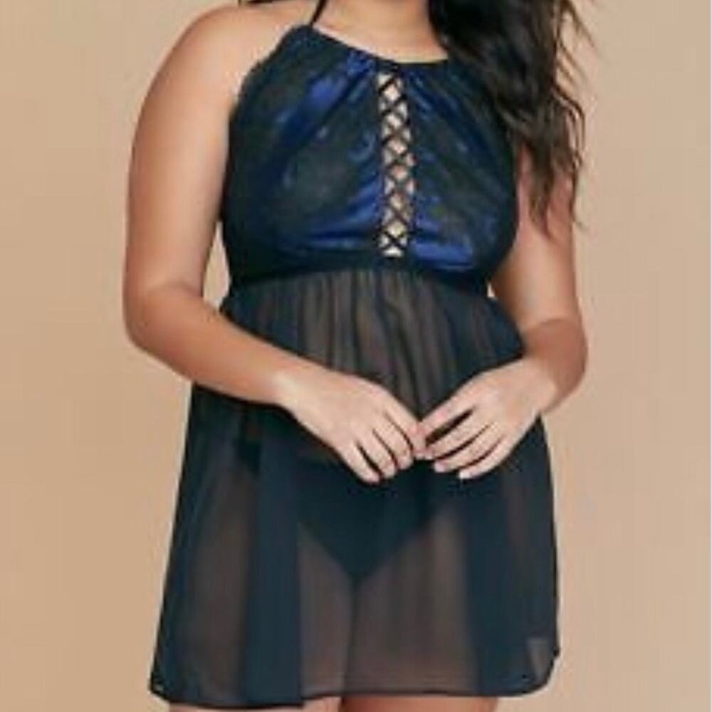 Cacique Lane Bryant Lace-Up Babydoll Lingerie Blue Black Plus Size 18/20